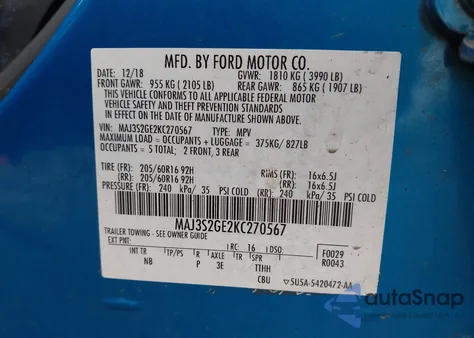 2019 Ford Ecosport Se из США, поврежденный, VIN MAJ3S2GE2KC270567